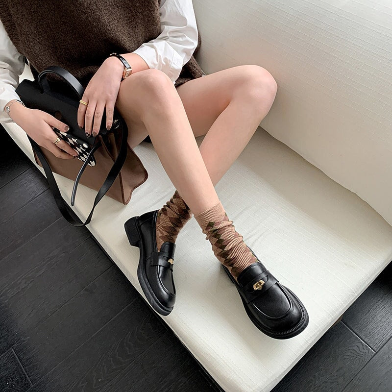 Block Heel Round Toe Penny Loafers