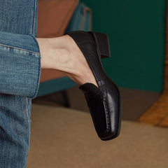 Retro Square Toe Block Heel Penny Loafers