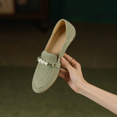 Suede Loafers Pearls Details Round Toe