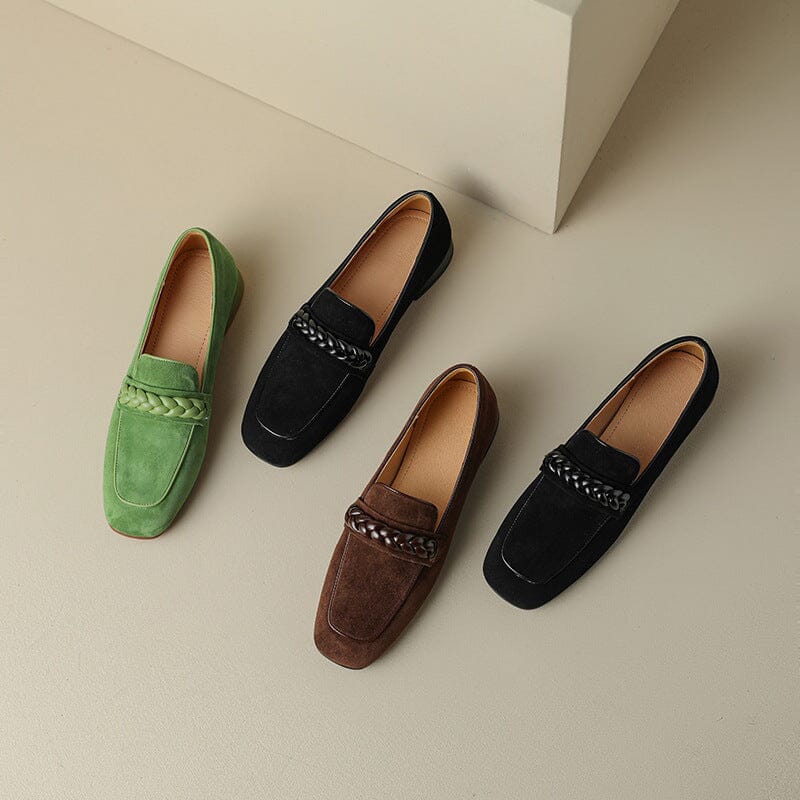 Suede Loafers Weave Details Square Toe