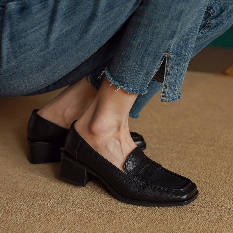 Retro Square Toe Block Heel Penny Loafers