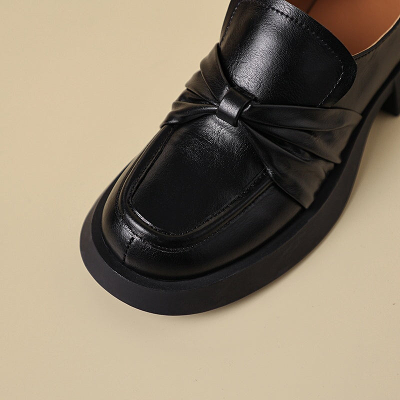 Bow Detail Chunky Loafers Soft Round Toe Handmade