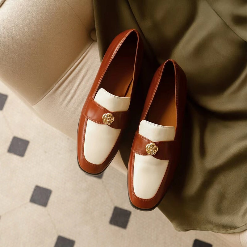 Retro Soft Penny Loafers Square Toe With Camellia Detail