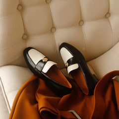 Retro Soft Penny Loafers Square Toe With Camellia Detail