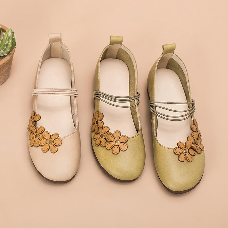 Handmade Flat Mary Jane Flowers Round Toe Apricot/Green