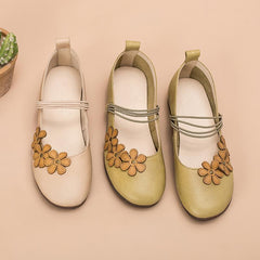 Handmade Flat Mary Jane Flowers Round Toe Apricot/Green