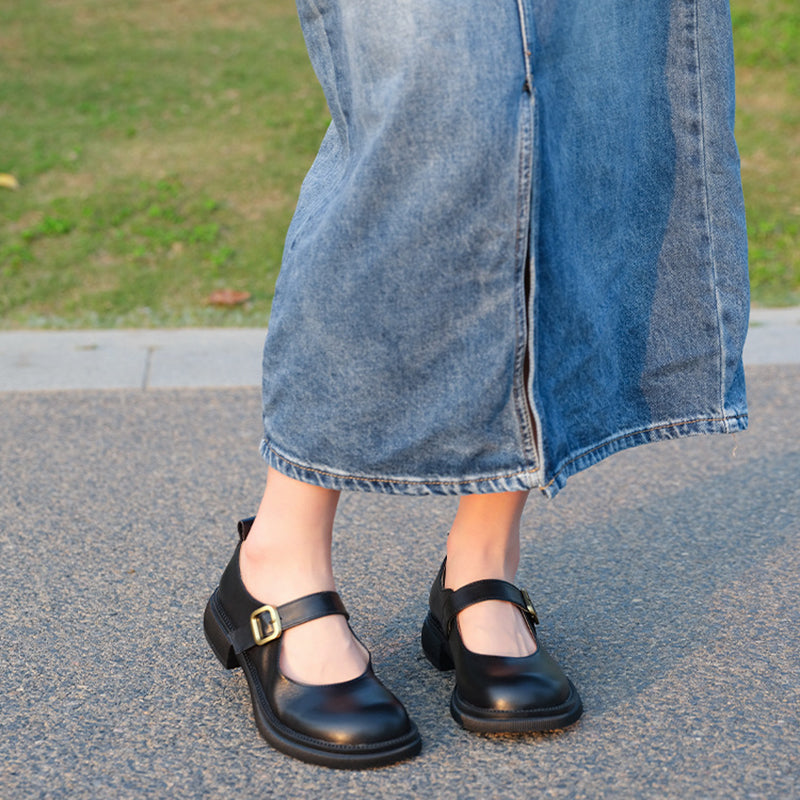 Zapatos de tacón retro Mary Jane hechos a mano con hebillas de punta redonda en negro