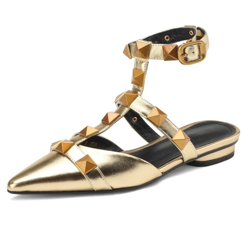 T Strap Rockstud Ankle-strap Flat Sandals Point Toe Slingback