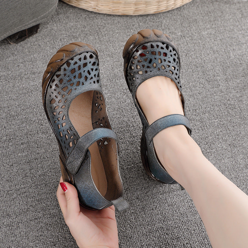 Handmade Pumps Mid Heel Mary Jane Sandals Round Toe  Retro Cut Out Buckle Sandals Grayblue