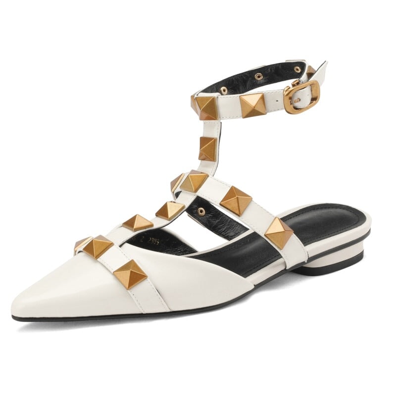 T Strap Rockstud Ankle-strap Flat Sandals Point Toe Slingback