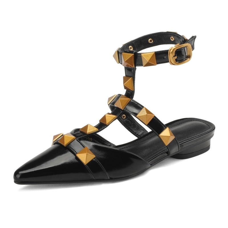 T Strap Rockstud Ankle-strap Flat Sandals Point Toe Slingback