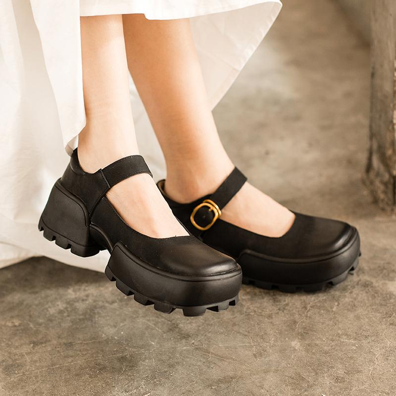 Handmade Retro Matte Chunky Mary Jane Shoes Square Toe Yellow/Black