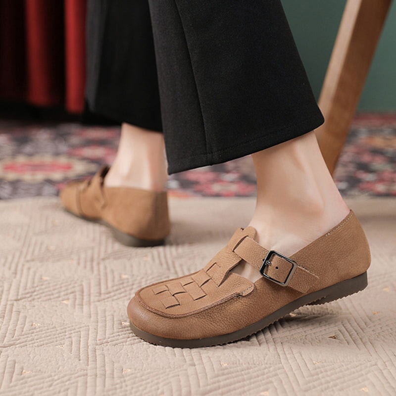 Soft Woven T Strap Mary Jane Shoes Retro Flats