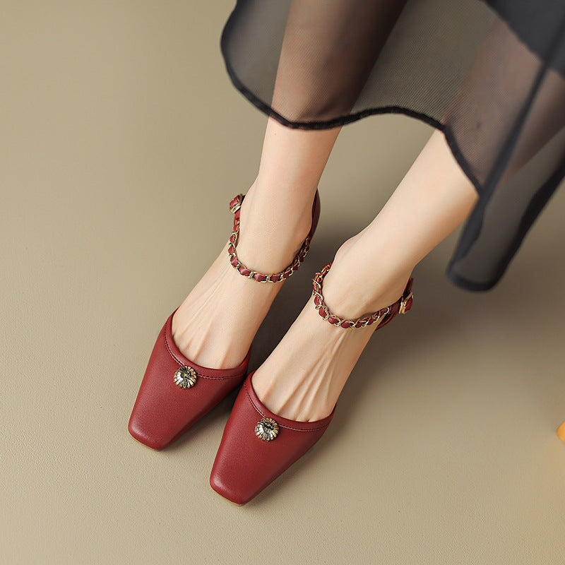 45mm Chain-anklet Kitty Heel Mary Jane Pumps Square Toe