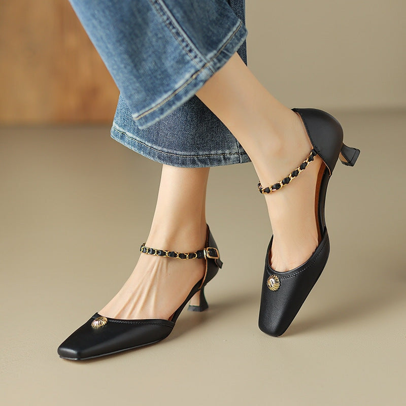 45mm Chain-anklet Kitty Heel Mary Jane Pumps Square Toe