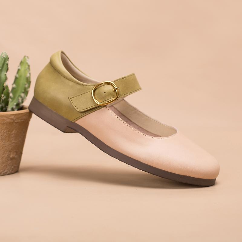 Handmade Flat Mary Jane Round Toe Apricot/Pink