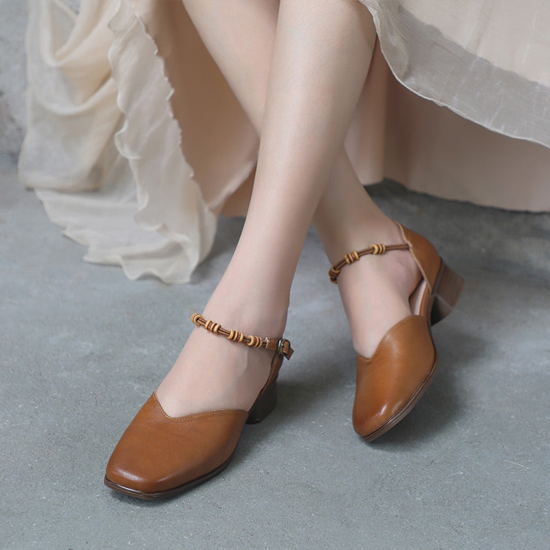 Genuine Square Toe Block Heels Mary Jane Elegant Shoes Coffee/Brown