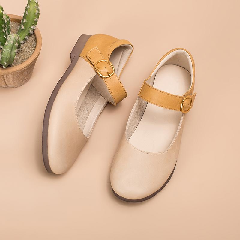 Handmade Flat Mary Jane Round Toe Apricot/Pink