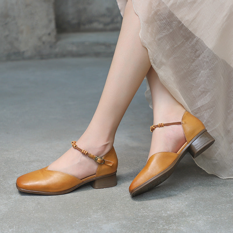 Genuine Square Toe Block Heels Mary Jane Elegant Shoes Coffee/Brown