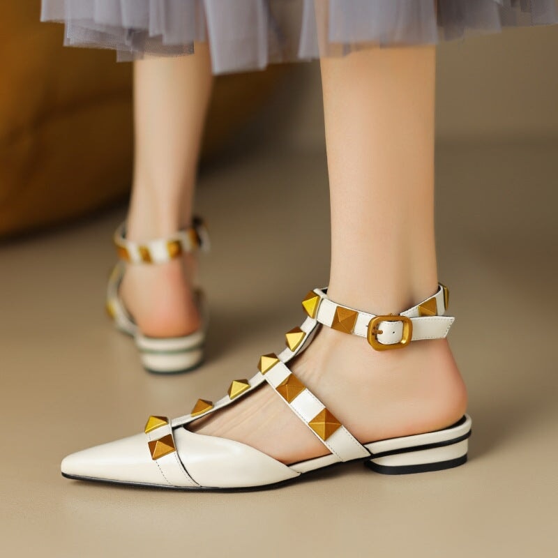 T Strap Rockstud Ankle-strap Flat Sandals Point Toe Slingback