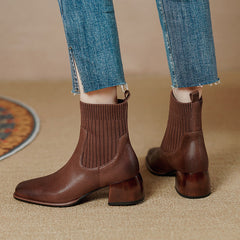 Classic Elegant Chelsea Boots Stretch Boots Mid Heel Square Toe Sock Boots Brown/Black