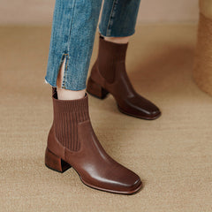 Classic Elegant Chelsea Boots Stretch Boots Mid Heel Square Toe Sock Boots Brown/Black