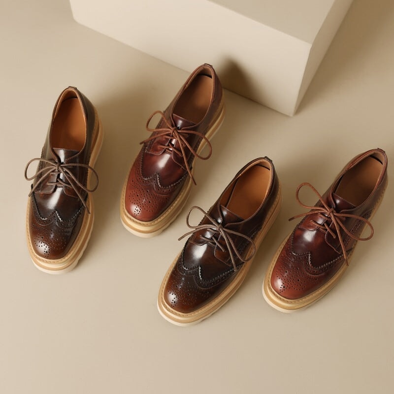 Round Toe Lace Up Chunky Brogue Shoes Platform Oxfords