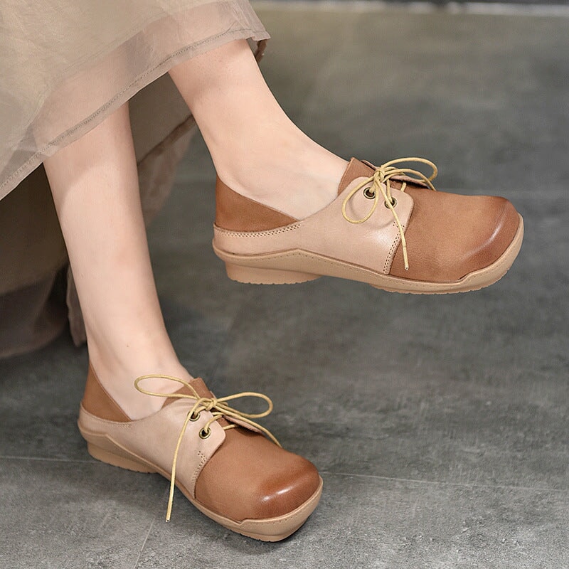 Handmade Soft Lace Up Flat Oxford Shoes Color Blocking