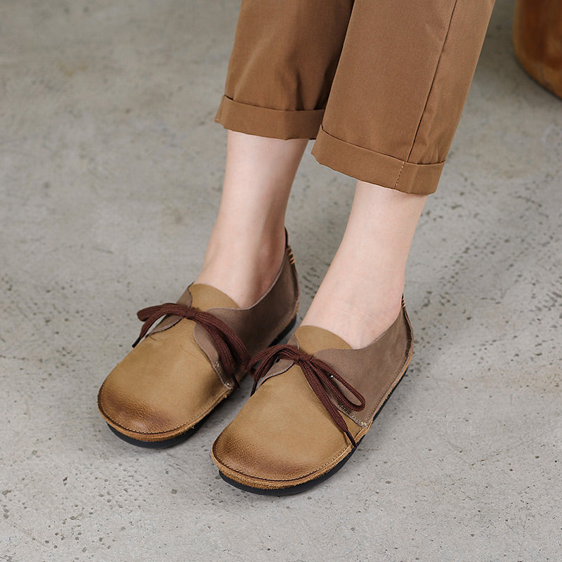 Handmade Soft Color Blocking Lace Up Flats Oxford Coffee/Khaki