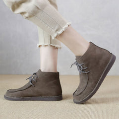 Genuine Soft Flat Boots Round Toe Lace Up Mori Girl Style Wide Fit Grey/Coffee