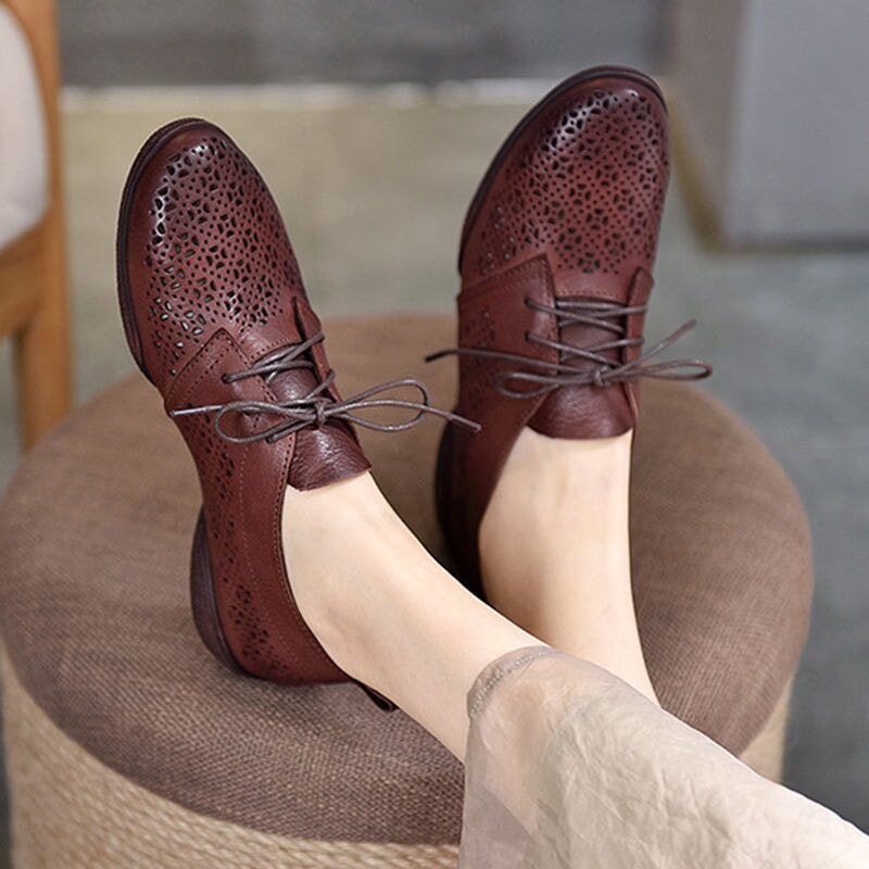 Perforated Design Genuine Lace Up Oxfords Soft Flats Coffee/Apricot