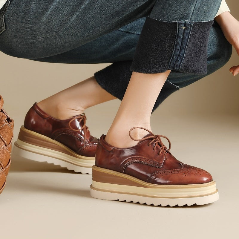 Zapatos brogue gruesos con cordones y punta redonda, zapatos Oxford con plataforma