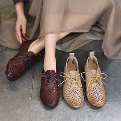 Perforated Design Genuine Lace Up Oxfords Soft Flats Coffee/Apricot