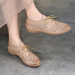 Perforated Design Genuine Lace Up Oxfords Soft Flats Coffee/Apricot