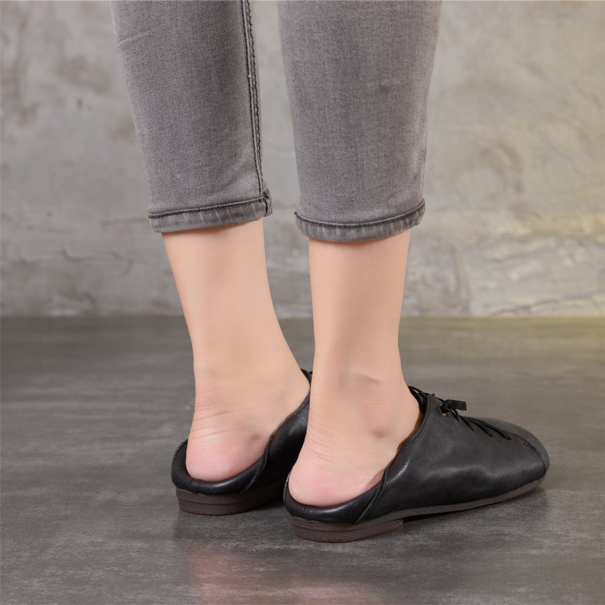 Handmade Flats Lace Up Oxford Shoes Rubber Soles Loafers Slip Ons Flaty Shoes Black