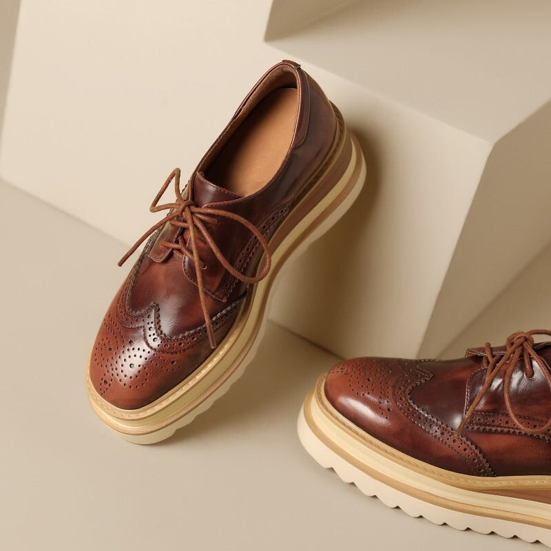 Round Toe Lace Up Chunky Brogue Shoes Platform Oxfords