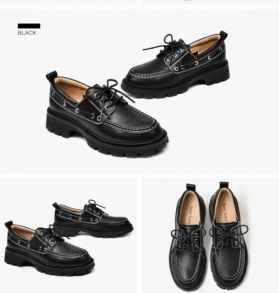 Platform Shoes Genuine Cow Round Toe Sewing Lace-Up Flats Chunky Sole Ladies Handmade
