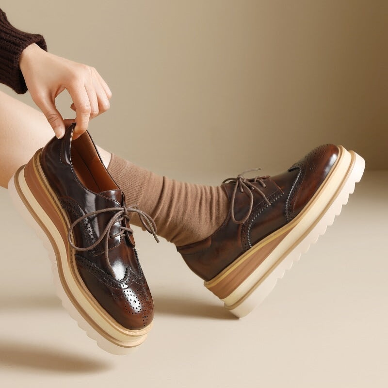 Round Toe Lace Up Chunky Brogue Shoes Platform Oxfords