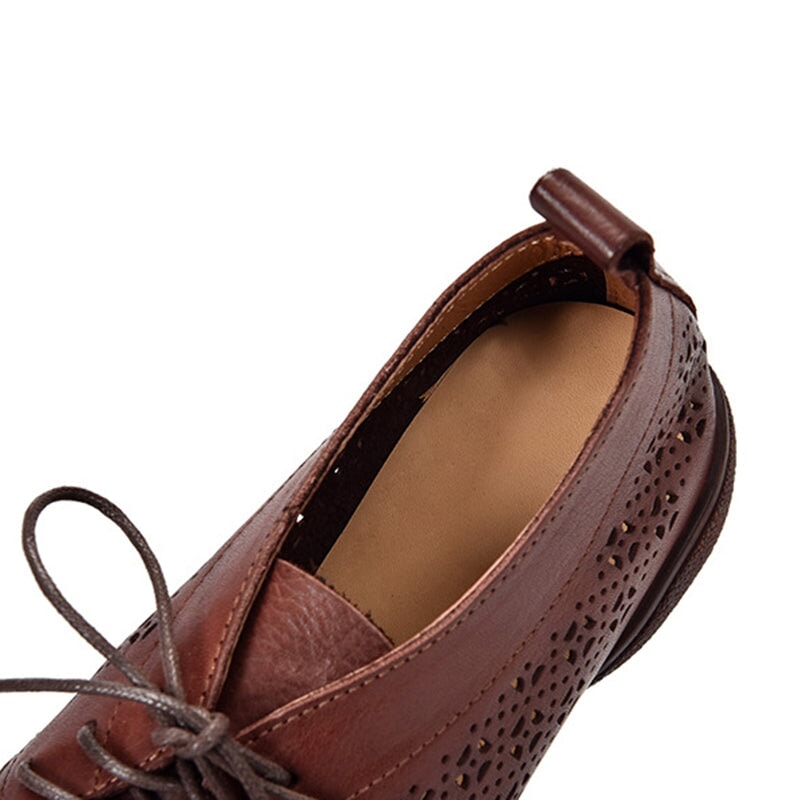 Perforated Design Genuine Lace Up Oxfords Soft Flats Coffee/Apricot