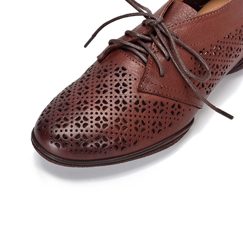 Perforated Design Genuine Lace Up Oxfords Soft Flats Coffee/Apricot