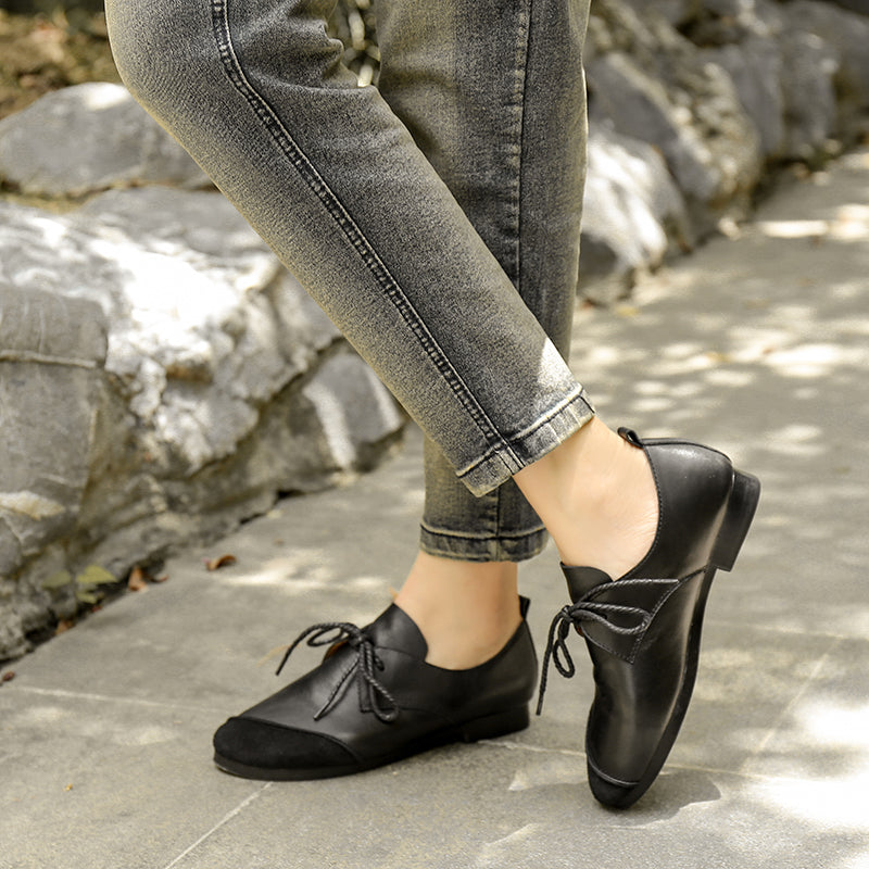 Handmade Soft Lace Up Flats Coffee/Black