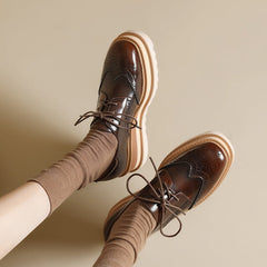 Round Toe Lace Up Chunky Brogue Shoes Platform Oxfords