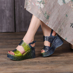 Handmade Strappy Retro Peep Toe Wedges Sandals Grey/Green