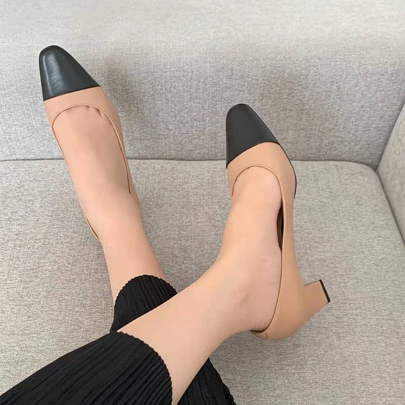 Block Heeled Slip-On Pumps Square Toe Office Shoes Color Blocking