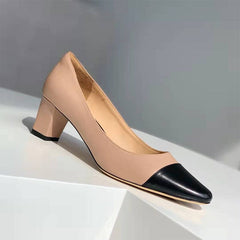 Block Heeled Slip-On Pumps Square Toe Office Shoes Color Blocking
