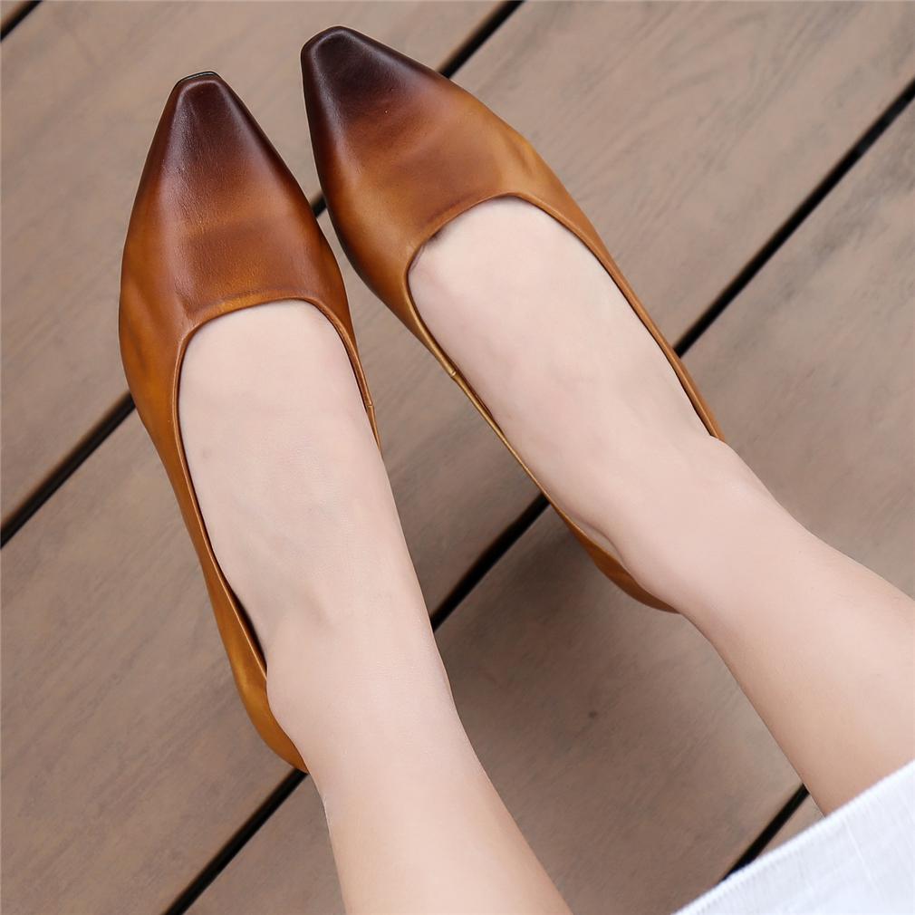 Handgemachte echte Retro Spitzschuh Pumps Schuhe Blockabsatz Schlupfschuhe Büroschuhe Schwarz/Camel