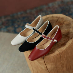 Handmade Genuine Retro Square Toe Heels Mary Jane Pumps Shoes Block Heels Office Shoes Red/Beige/Black new/Black