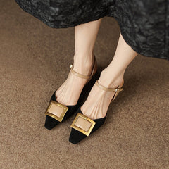 40mm Kitty Heel Ankle Strap Slingback Sandals Square Toe