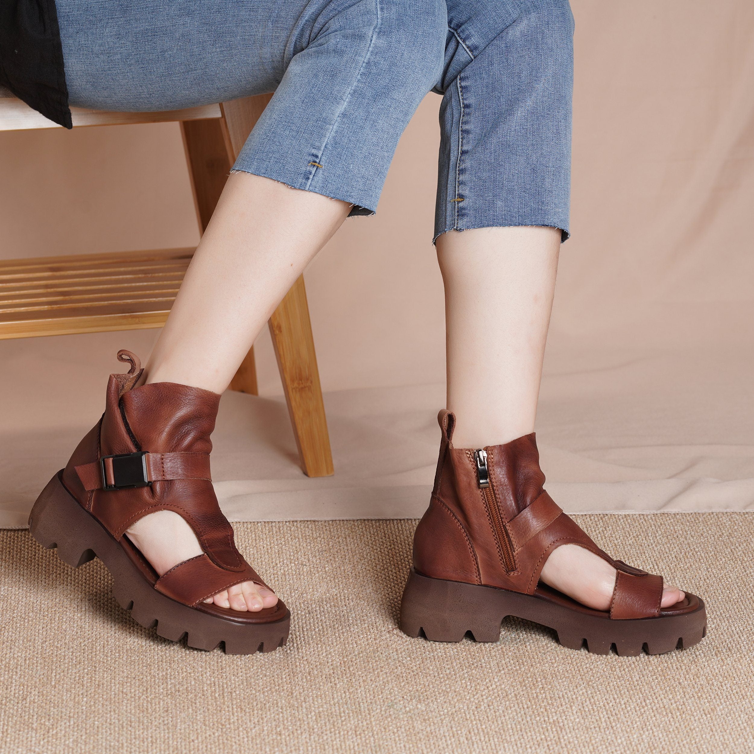 Genuine Platform Sandals Boots  Peep Toe Buckle Sandals Side Zipper BlackNew/BrownNew/Black/Brown