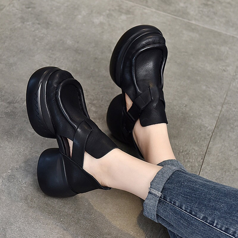 Genuine Platform Sandals Side Button Retro Block Heel